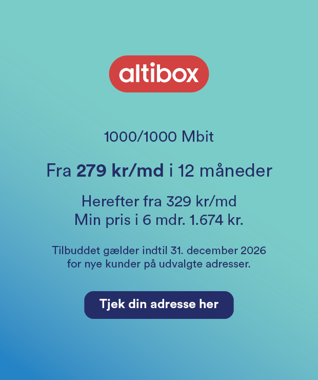 Tilbud på internetabonnement fra Altibox fra 279 kr om måneden i 12 måneder. Efterpris fra 329 kr om måneden. Minimumspris i 6 måneder er 1574 kr. Tilbuddet gælder indtil 31. december 2026 for kunder på udvalgte adresser