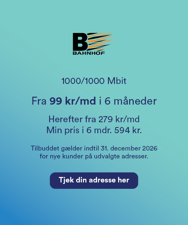 Tilbud på internetabonnement fra Bahnhof fra 99 kr om måneden i 6 måneder. Efterpris fra 279 kr om måneden. Minimumspris i 6 måneder er 594 kr. Tilbuddet gælder indtil 31. december 2026 for kunder på udvalgte adresser