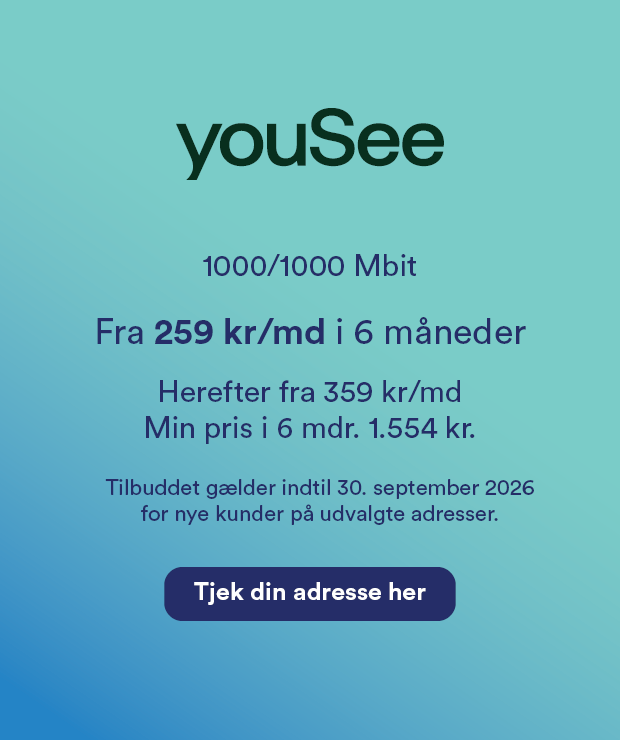 Tilbud på internetabonnement fra Yousee fra 259 kr om måneden i 6 måneder. Efterpris fra 359 kr om måneden. Minimumspris i 6 måneder er 1554 kr. Tilbuddet gælder indtil 30. september 2026 for kunder på udvalgte adresser