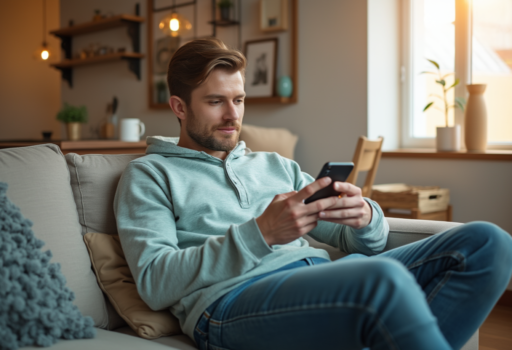 A man in his 30s browsing the internet on his smartphone while sitting on a beige sofa in a cozy, Scandinavian-style living room. The scene is lit by soft natural daylight, representing everyday home broadband usage.
